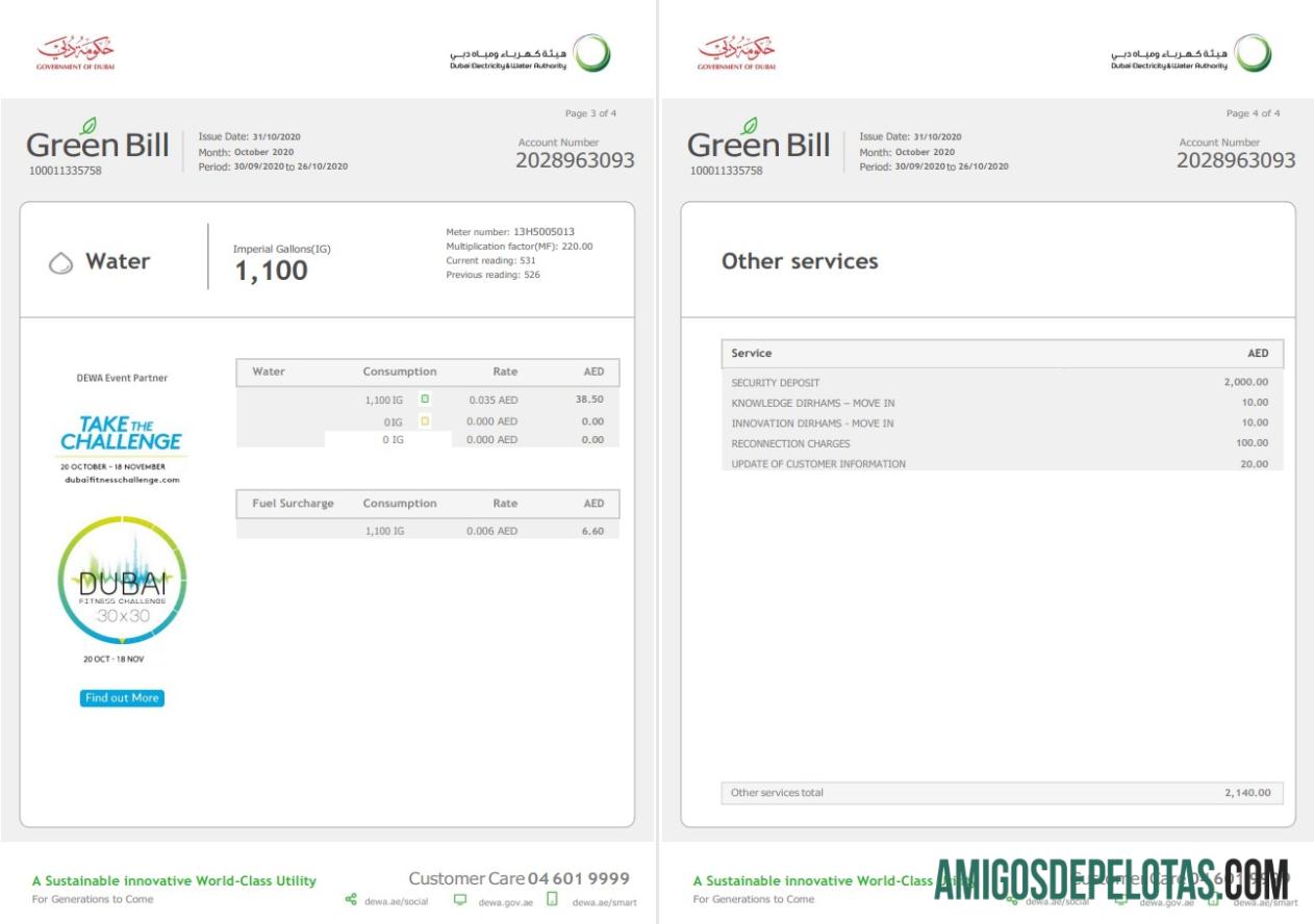 Em branco modelo de fatura de serviços públicos da Autoridade de Eletricidade e Água dos Emirados Árabes Unidos em formato Word e PDF (4 páginas) 3 4